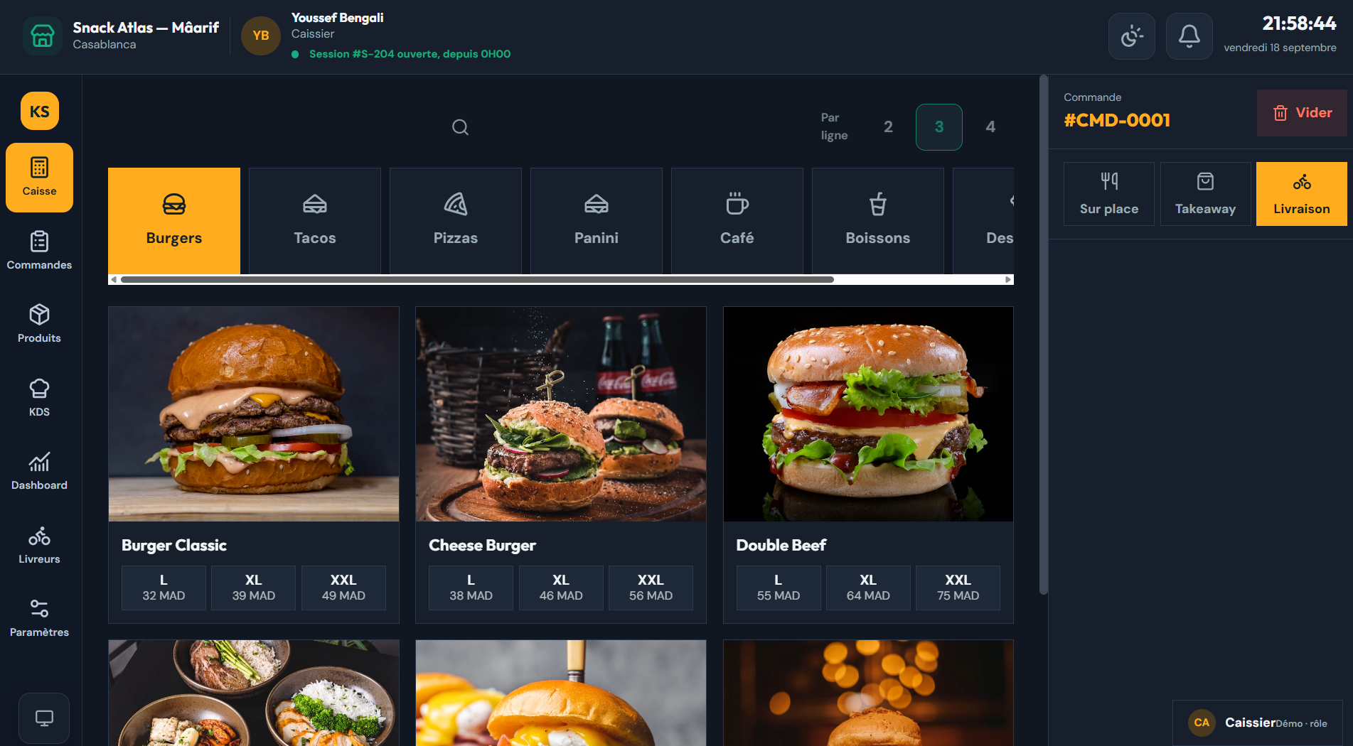 Écran de caisse CaissApp : catalogue burgers avec tailles L, XL et XXL, commande livraison en cours